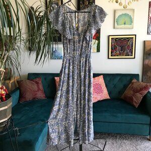 AMERICAN EAGLE size M Blue Floral Eyelet Embroidered Wide Leg Jumpsuit